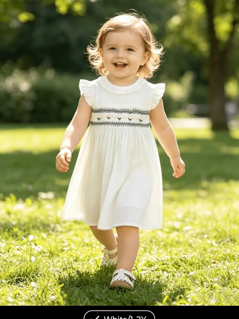 White Smocked Ruffle-Sleeve Toddler Dress